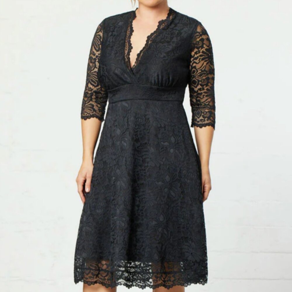 Kiyonna Mademoiselle Black Lace Cocktail Dress 3/4 Sleeves 5X (30/32)